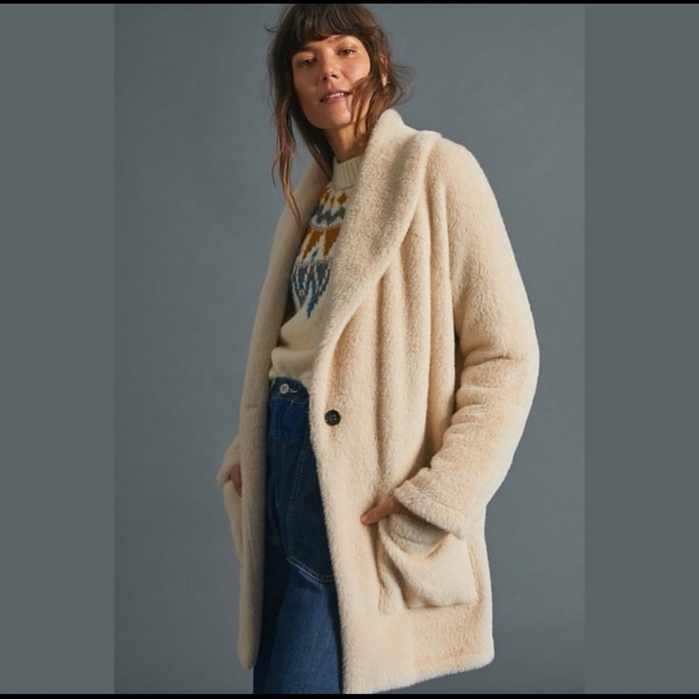 Anthropologie Cream Teddy Faux Fur Jacket Small